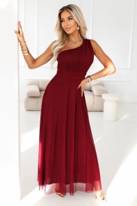Rochie de seară lungă, strălucitoare, cu un singur umăr - vișinie