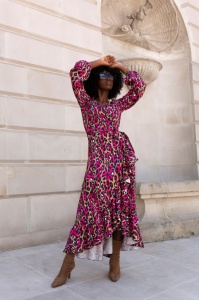 Rochie lunga "ANNA" - Imprimeu leopard cu roz