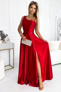 Rochie lungă elegantă de satin cu un umăr - ROȘIE