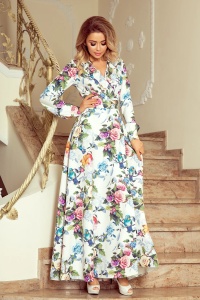 Rochie MAXI cu volane și decolteu - trandafiri colorați și păsări albastre