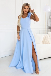 Rochie maxi de seară elegantă cu crestătură și trandafiri - albastru deschis