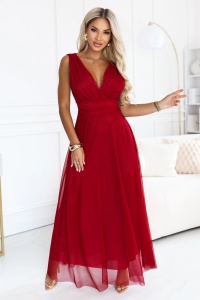 Rochie maxi elegantă cu decolteu petrecut și spatele gol - bordo deschis