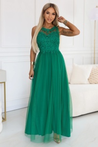 Rochie maxi romantică pentru nuntă cu dantelă brodată și tul - verde