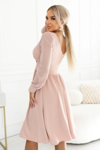 Rochie midi eleganta cu decolteu petrecut si maneci din tul - bej - Img 3