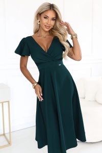 Rochie midi evazată cu decolteu petrecut și mânecă scurtă - verde