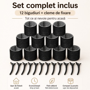 Set Bigudiuri Par Autoadezive cu Cleme, 12 Bucati, Pentru Volum si Bucle Naturale, Fara Caldura, Reutilizabile, Styling Rapid Acasa, Negru - Img 2