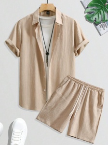 Set casual compus din camasa cu maneca scurta si pantaloni scurti cu snur pentru barbati, culoarea bej - Img 5