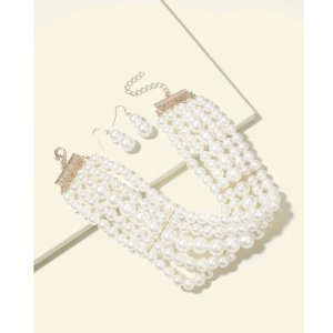 Set colier choker din multiple siraguri de perle albe faux si cercei perla, culoarea alb - Img 4
