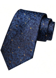 Set pentru barbati cu imprimeu floral, material satinat, include cravata, clema, batista, butoni si ac de rever, albastru cu insertii galbene - Img 2