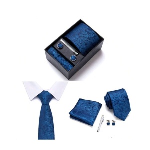 Set pentru barbati, include cravata, batista de buzunar, butoni, clema de cravata in design clasic, culoarea albastru, The Casius.® - Img 2