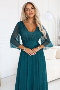 SOLENNE Rochie lungă strălucitoare cu decolteu și mânecă - verde mare - Img 4