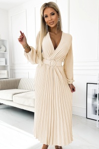 VIVIANA Rochie midi plisata cu decolteu deschis, maneci lungi si curea lata - bej deschis
