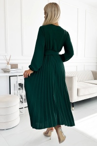 VIVIANA Rochie midi plisată cu decolteu, mânecă lungă și cordon lat - VERDE STICLĂ - Img 3