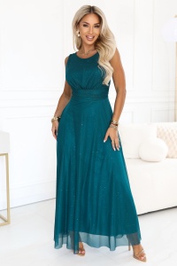 AVELINE Rochie maxi lungă cu tul cu sclipici și decolteu rotund - verde marin