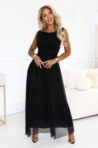 AVELINE Rochie maxi lungă din tul cu sclipici și decolteu rotund - negru