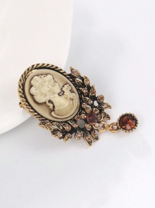 Brosa vintage tip camee, 6.3 x 3.4 cm, culoarea maro si auriu - Img 6