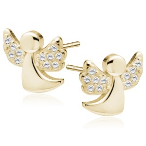 Cercei pentru copii model știft din argint 925 placați cu aur 14K, îngerași cu zirconii albe, 8x8 mm
