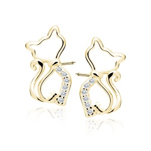 Cercei pentru copii model știft din argint 925 placați cu aur de 14K, pisicuțe cu zirconii albe, 14x7 mm