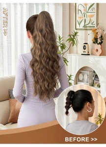 Coada de par extensie ponytail, par ondulat, cu sistem de prindere tip cleste, 61 cm, culoarea maro - Img 3