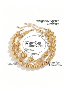 Colier statement pentru femei, cu margele metalice aurii si lant decorativ, accesoriu fashion, 37+7 cm, auriu - Img 6