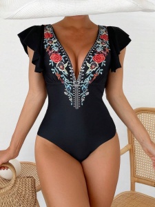 Costum de baie intreg pentru femei, design Etnic, culoarea negru - Img 5