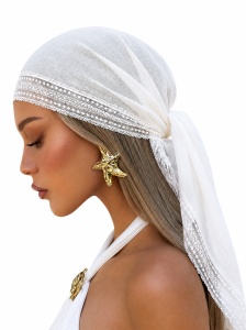 Esarfa eleganta pentru femei cu dantela patrata, culoare uni, multifunctionala tip sal, batic si accesoriu de par, usoara pentru vara, bej