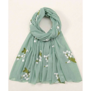 Esarfa subtire din materiale premium, model cu flori cusute, culoarea verde menta - Img 2