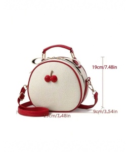 Geanta de mana rotunda Mini Cherry, crossbody, cu maner superior, dimensiuni 20x20x9 cm, culoarea alb si rosu - Img 5