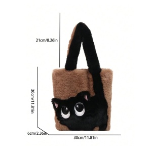 Geanta de umar din blana ecologica, model Pisica neagra cu ochi mari, dimensiuni 30x30 cm, bej - Img 3