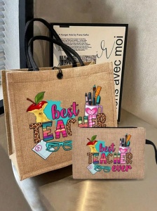 Geanta tote din material de in cu portofel, model Best Teacher Ever, 34 x 14 x 31 cm, bej - Img 2