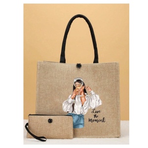 Geanta tote din material de in cu portofel, model Fata cu pahar, 34x31x15x15 cm, culoarea bej - Img 3