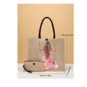 Geanta tote din material de in cu portofel, model Fata in legan, 34x30x17.5 cm, culoarea bej - Img 4