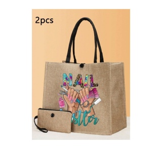 Geanta tote din material de in cu portofel, model Nails Tech, 30 x 34 x 17.5 cm, culoarea bej, culoarea bej - Img 2