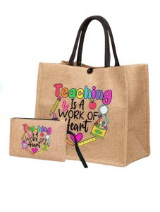 Geanta tote din material de in cu portofel, model Teaching, potrivita pentru invatatoare, 31 x 34 cm, culoarea bej