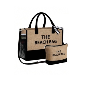 Geanta tote din material de in cu portofel, model The Beach Bag, 41.5x13x31.5 cm, culoarea bej - Img 4
