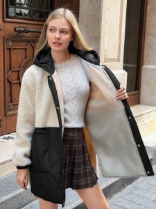 Jachetă damă casual primăvară-toamnă cu blană artificială, design contrastant, închidere cu capse, buzunare laterale, stil elegant și confortabil - Img 4