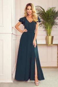 LIDIA rochie lungă cu decolteu și volane - VERDE STICLĂ