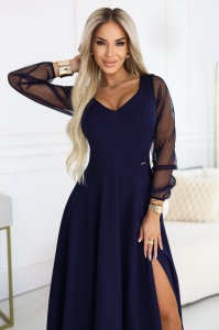 LORETTA rochie lunga unica cu maneci si decolteu din tul - bleumarin - Img 2