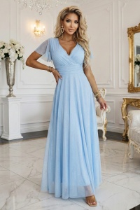 MELANIA Rochie lungă lucioasă cu decolteu și mânecă scurtă - bleu