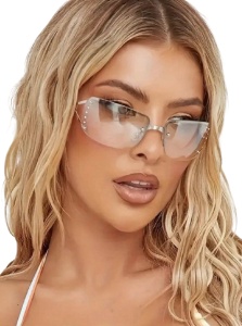 Ochelari de soare dama, rama patrata Y2K, lentile oglinda argintie transparente, cu strasuri, stil fashion sport - Img 2