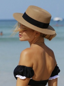 Palarie de paie Boho, cu margine neagra, coroana de 56 cm ajustabila, bej - Img 2