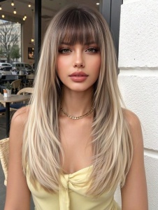 Peruca par lung tuns in stil fluture, breton, culoarea blond saten suvitat, radacini inchise, lungime 55 cm - Img 3