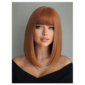 Peruca pentru femei, bob lung cu breton, imita parul natural, 40 cm, culoarea roscat - Img 6