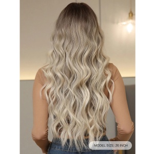 Peruca pentru femei cu par lung ondulat, breton, culoarea blond cenusiu balayage, 65 cm - Img 4