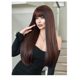 Peruca pentru femei, par lung cu breton, imita parul natural, 70 cm, culoarea maro roscat - Img 6