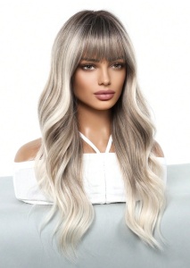 Peruca pentru femei, par lung ondulat, cu breton, 66 cm, culoarea blond rece suvitat, radacini inchise - Img 5