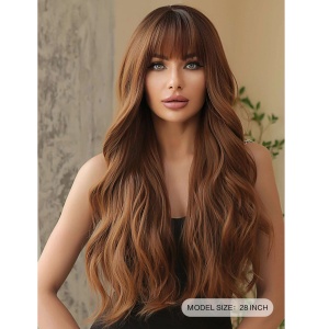 Peruca pentru femei, par lung ondulat cu breton, culoarea saten aramiu mahon, 70 cm, The Casius.® - Img 2