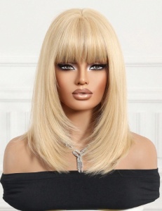 Peruca pentru femei, par lung ondulat, cu breton, imita parul natural, 35.5 cm, culoarea blond deschis, theCasius.® - Img 4