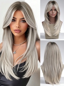 Peruca pentru femei, par lung tuns in scari, cu breton, culoarea blond cenusiu, lungime 45 cm, theCasius.® - Img 2