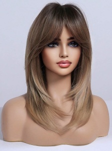 Peruca pentru femei, par mediu drept, cu breton, imita parul natural, 50 cm, culoarea saten suvitat - Img 4